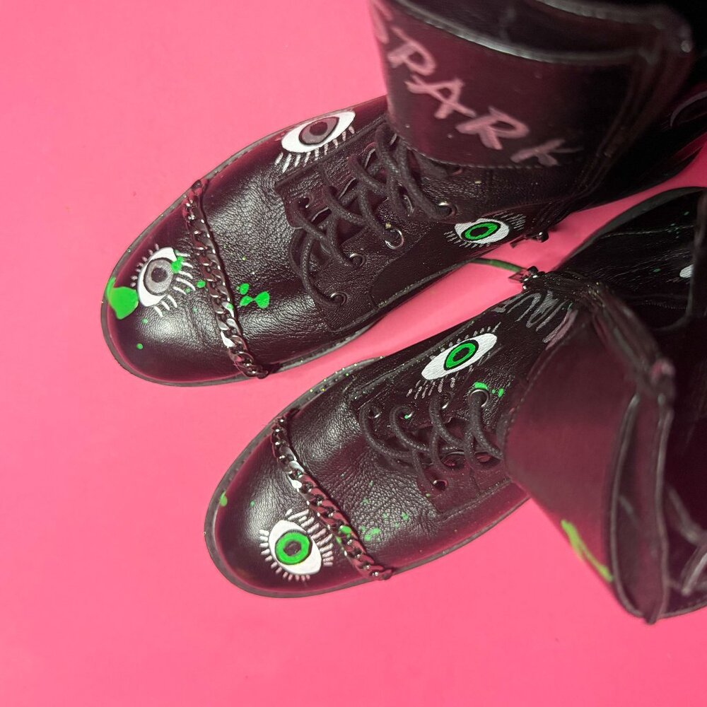 Unique Hand-Painted Evil Eye Black Leather Combat Boots – Upcycled, Size 9.5